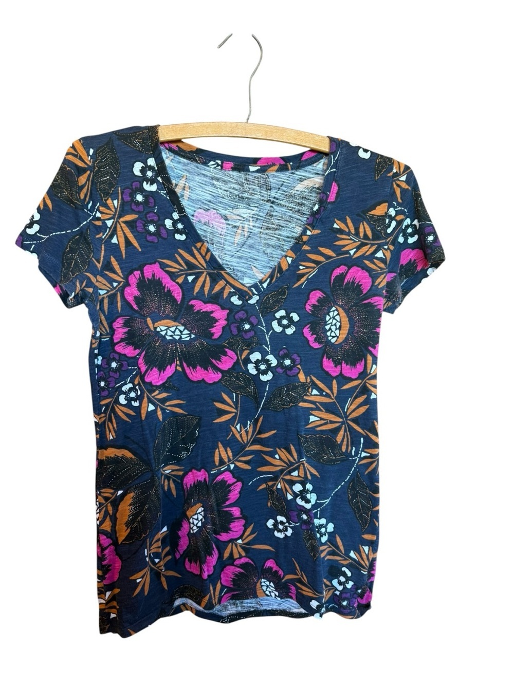 a new day 100% CottonNavy V-Neck Short Sleeve Top with Pink & Brown Floral Print